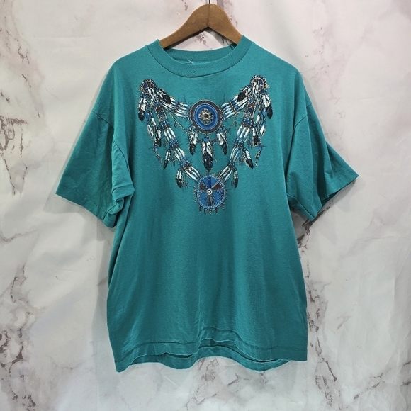 Vintage T Shirt Womens XL Turquoise Southwest Feather Crew Native Single Stitch - Picture 1 of 9